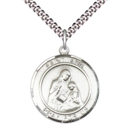 Everlasting Light Jewelry Men's Pewter Saint St. Ann Medal Pendant Christian Necklace – 1" x ? – 24 Inch Endless Rhodium Plated Chain – Patron Saint St. of Housekeepers & Mothers, Catholic Medal – Velvet Gift Box Included