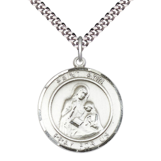 Everlasting Light Jewelry Men's Pewter Saint St. Ann Medal Pendant Christian Necklace – 1" x ? – 24 Inch Endless Rhodium Plated Chain – Patron Saint St. of Housekeepers & Mothers, Catholic Medal – Velvet Gift Box Included