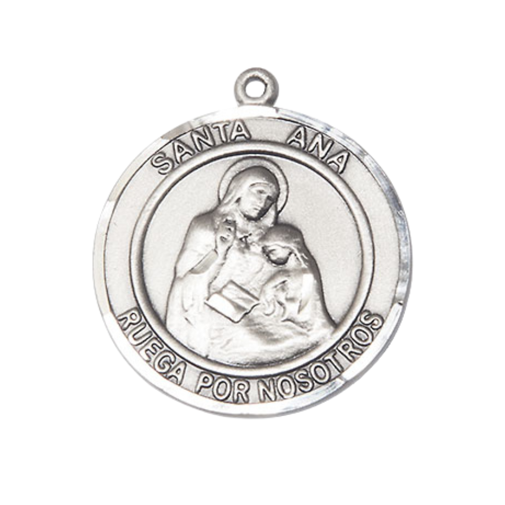 Spanish Script Women's .925 Sterling Silver Santa St. Ana Medal Pendant on 18 Inch Rhodium Plated Lite Curb Brass Chain, Catholic Religious Necklace with Lobster Claw Clasp - Made in USA - with Deluxe Velvet Gift Box