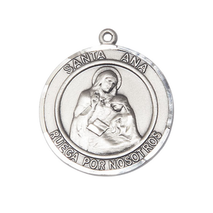 Spanish Script Women's .925 Sterling Silver Santa St. Ana Medal Pendant on 18 Inch Rhodium Plated Lite Curb Brass Chain, Catholic Religious Necklace with Lobster Claw Clasp - Made in USA - with Deluxe Velvet Gift Box