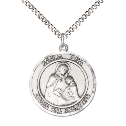 Spanish Script Women's .925 Sterling Silver Santa St. Ana Medal Pendant on 18 Inch Rhodium Plated Lite Curb Brass Chain, Catholic Religious Necklace with Lobster Claw Clasp - Made in USA - with Deluxe Velvet Gift Box
