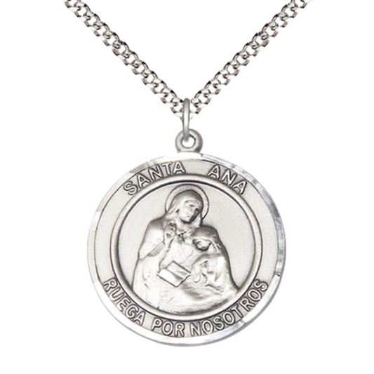 Spanish Script Women's Pewter Santa St. Ana Medal Pendant on 18 Inch Rhodium Plated Lite Curb Brass Chain, Catholic Religious Necklace with Lobster Claw Clasp - Made in USA, Deluxe Velvet Gift Box