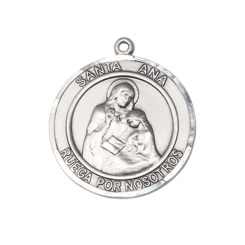 Everlasting Light Jewelry Spanish Script Men's .925 Sterling Silver Santa Ana Medal Pendant on 24 Inch Endless Rhodium Plated Heavy Curb Chain,Catholic Religious Necklace -Made in USA, Deluxe Velvet Gift Box