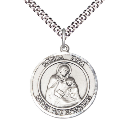 Mens 1 x 7/8" Round Pewter Santa St. Ana Medal Pendant on 24 inch Rhodium Plated Heavy Curb Brass Chain with Lobster Claw clasp, Catholic Religious Necklace - Made in USA- Deluxe Velvet Gift Box