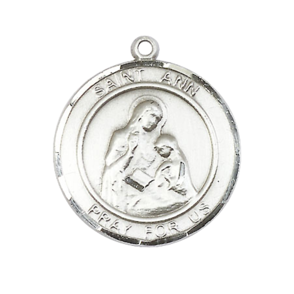 Women's .925 Sterling Silver Saint St. Ann Medal Pendant on 18 Inch Rhodium Plated Lite Curb Brass Chain with Lobster Claw Clasp, Catholic Religious Necklace - Made in USA- Deluxe Velvet Gift Box