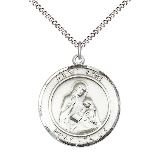 Everlasting Light Jewelry Women's Pewter Saint St. Ann Medal Pendant on 18 Inch Rhodium Plated Lite Curb Brass Chain with Lobster Claw Clasp, Catholic Religious Necklace - Made in USA- Deluxe Velvet Gift Box