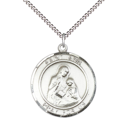 Women's .925 Sterling Silver Saint St. Ann Medal Pendant on 18 Inch Rhodium Plated Lite Curb Brass Chain with Lobster Claw Clasp, Catholic Religious Necklace - Made in USA- Deluxe Velvet Gift Box