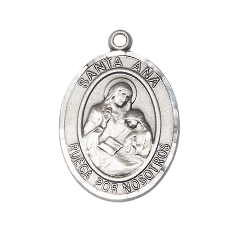 Spanish Script Women's Pewter Santa St. Ana Medal Pendant on 18 Inch Rhodium Plated Lite Curb Brass Chain, Catholic Religious Necklace with Lobster Claw Clasp - Made in USA- Deluxe Velvet Gift Box