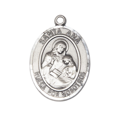 Spanish Script Women's Pewter Santa St. Ana Medal Pendant on 18 Inch Rhodium Plated Lite Curb Brass Chain, Catholic Religious Necklace with Lobster Claw Clasp - Made in USA- Deluxe Velvet Gift Box