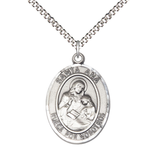 Spanish Script Women's .925 Sterling Silver Santa St. Ana Medal Pendant on 18 Inch Rhodium Plated Lite Curb Brass Chain, Catholic Religious Necklace with Lobster Claw Clasp - Made in USA, Comes in Deluxe Velvet Gift Box