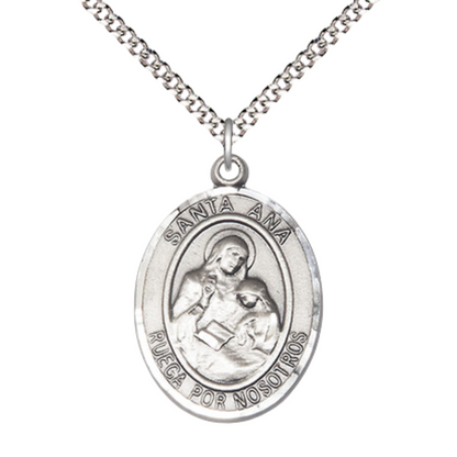 Spanish Script Women's Pewter Santa St. Ana Medal Pendant on 18 Inch Rhodium Plated Lite Curb Brass Chain, Catholic Religious Necklace with Lobster Claw Clasp - Made in USA- Deluxe Velvet Gift Box