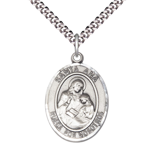 Everlasting Light Jewelry Spanish Script Men's Pewter Santa St. Ana Medal Pendant on 24 Inch Endless Rhodium Plated Heavy Curb Chain, Catholic Religious Necklace - Made in USA, Comes in Deluxe Velvet Gift Box