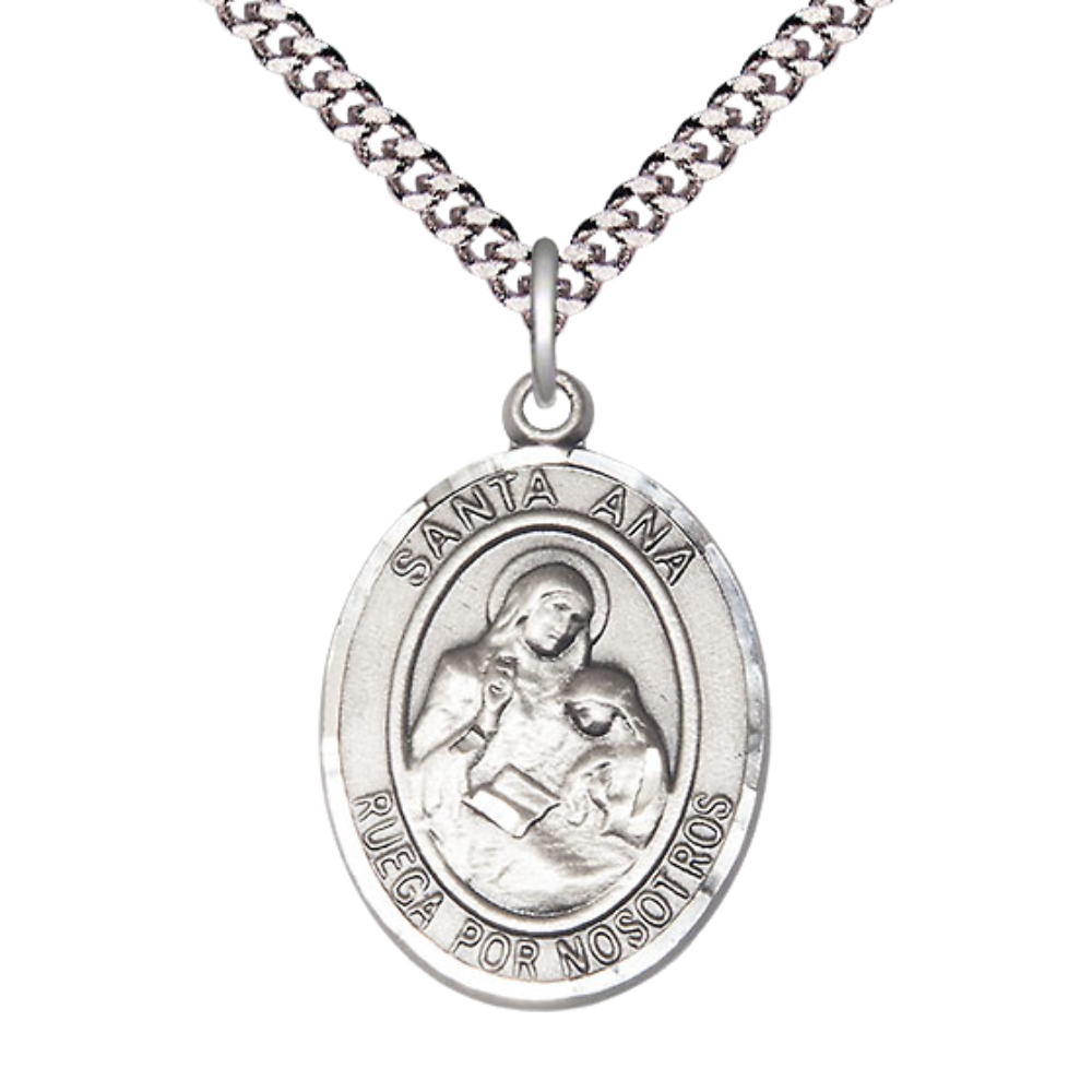 Everlasting Light Jewelry Spanish Script Men's .925 Sterling Silver Santa St. Ana Medal Pendant on 24 Inch Endless Rhodium Plated Heavy Curb Chain, Catholic Religious Necklace - Made in USA, Deluxe Velvet Gift Box.