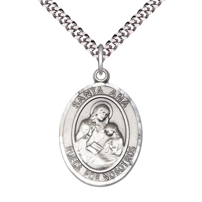 Mens 1 x 3/4" Oval Pewter Santa St. Ana Medal Pendant on 24 inch Rhodium Plated Heavy Curb Brass Chain with Lobster Claw clasp, Catholic Religious Necklace - Made in USA - Deluxe Velvet Gift Box