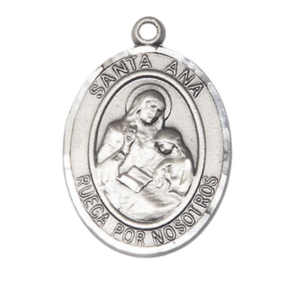 Everlasting Light Jewelry Spanish Script Men's .925 Sterling Silver Santa St. Ana Medal Pendant on 24 Inch Endless Rhodium Plated Heavy Curb Chain, Catholic Religious Necklace - Made in USA, Deluxe Velvet Gift Box.
