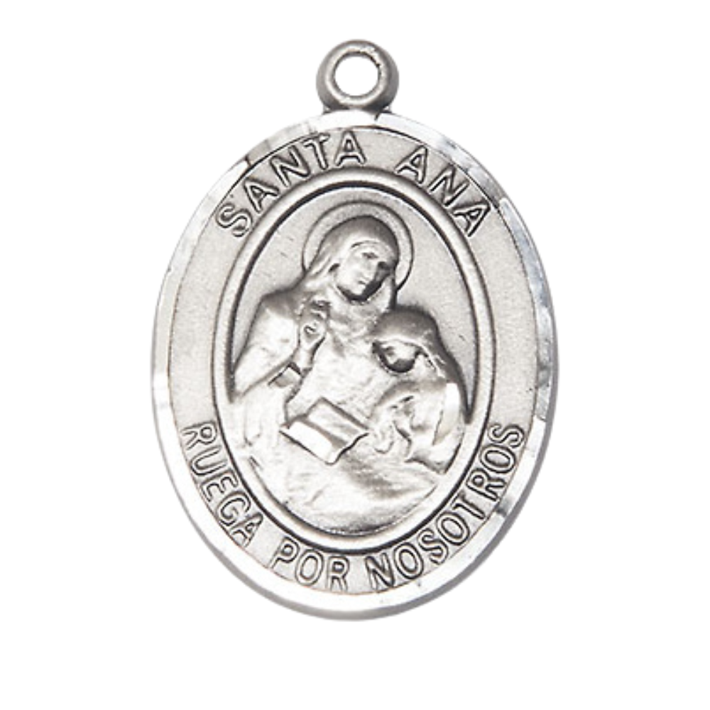 Mens Oval .925 Sterling Silver Santa Ana Medal Pendant on 24" Rhodium Plated Heavy Curb Brass Chain with Lobster Claw clasp, Catholic Religious Necklace -Made in USA- Deluxe Velvet Gift Box