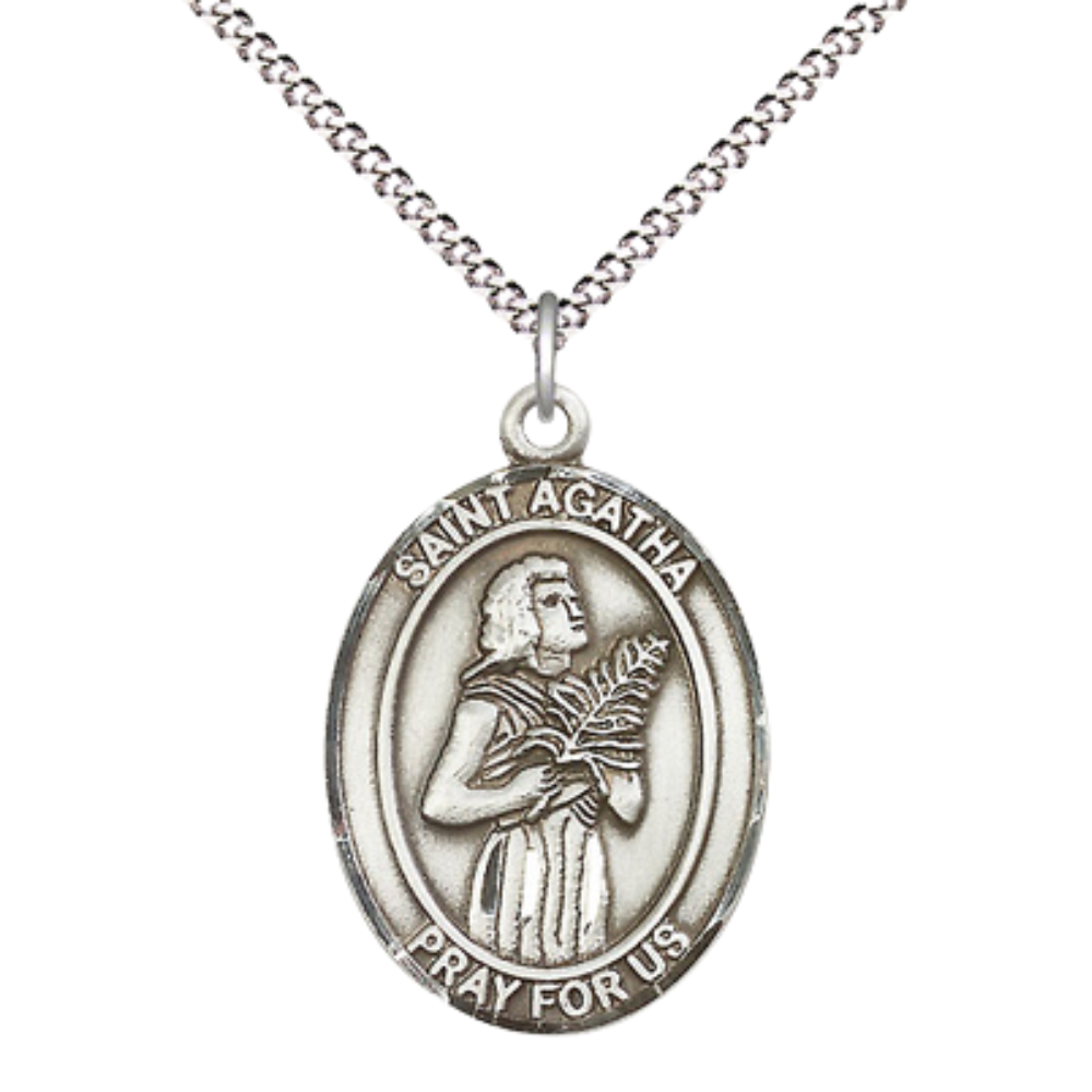 Women's .925 Sterling Silver Saint St. Agatha Medal Pendant on 18 Inch Rhodium Plated Lite Curb Brass Chain with Lobster Claw Clasp, Catholic Religious Necklace - Made in USA- Deluxe Velvet Gift Box