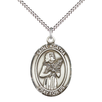 Women's .925 Sterling Silver Saint St. Agatha Medal Pendant on 18 Inch Rhodium Plated Lite Curb Brass Chain with Lobster Claw Clasp, Catholic Religious Necklace - Made in USA- Deluxe Velvet Gift Box