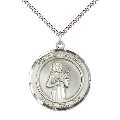 Women's Pewter Saint St. Agatha Medal Pendant on 18 Inch Rhodium Plated Lite Curb Brass Chain with Lobster Claw Clasp, Catholic Religious Necklace - Made in USA- Deluxe Velvet Gift Box