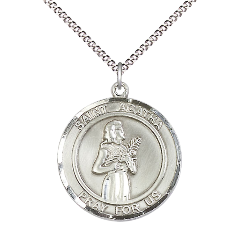 Women's .925 Sterling Silver Saint St. Agatha Medal Pendant on 18 Inch Rhodium Plated Lite Curb Brass Chain with Lobster Claw Clasp, Catholic Religious Necklace Made in USA- Deluxe Velvet Gift Box