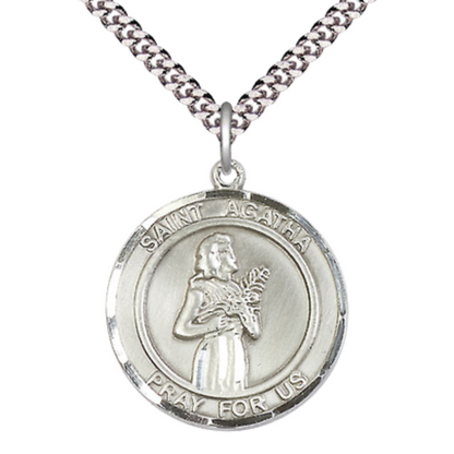 Mens 1 x 7/8" Round Pewter Saint St. Agatha Medal Pendant on 24 Inch Rhodium Plated Heavy Curb Brass Chain with Lobster Claw clasp, Catholic Religious Necklace - Made in USA- Deluxe Velvet Gift Box