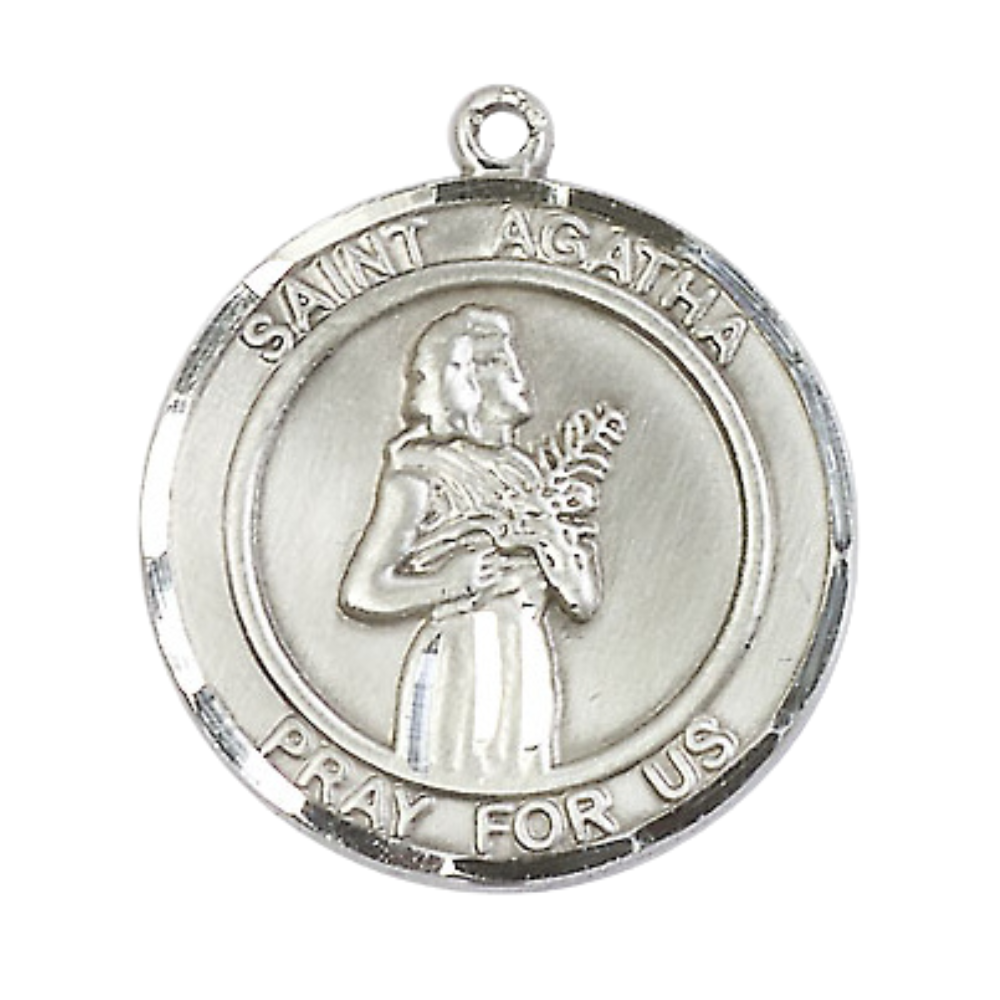 Mens Round .925 Sterling Silver Saint St. Agatha Medal Pendant on 24 Inch Rhodium Plated Heavy Curb Brass Chain with Lobster Claw clasp, Catholic Religious Necklace - Made in USA- Velvet Gift Box