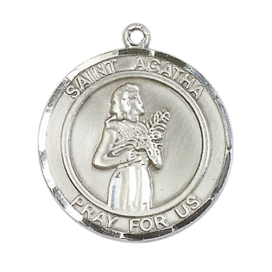 Mens Round .925 Sterling Silver Saint St. Agatha Medal Pendant on 24 Inch Rhodium Plated Heavy Curb Brass Chain with Lobster Claw clasp, Catholic Religious Necklace - Made in USA- Velvet Gift Box