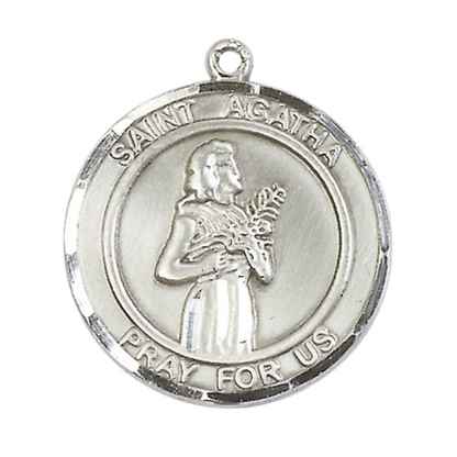 Mens 1 x 7/8" Round Pewter Saint St. Agatha Medal Pendant on 24 Inch Rhodium Plated Heavy Curb Brass Chain with Lobster Claw clasp, Catholic Religious Necklace - Made in USA- Deluxe Velvet Gift Box