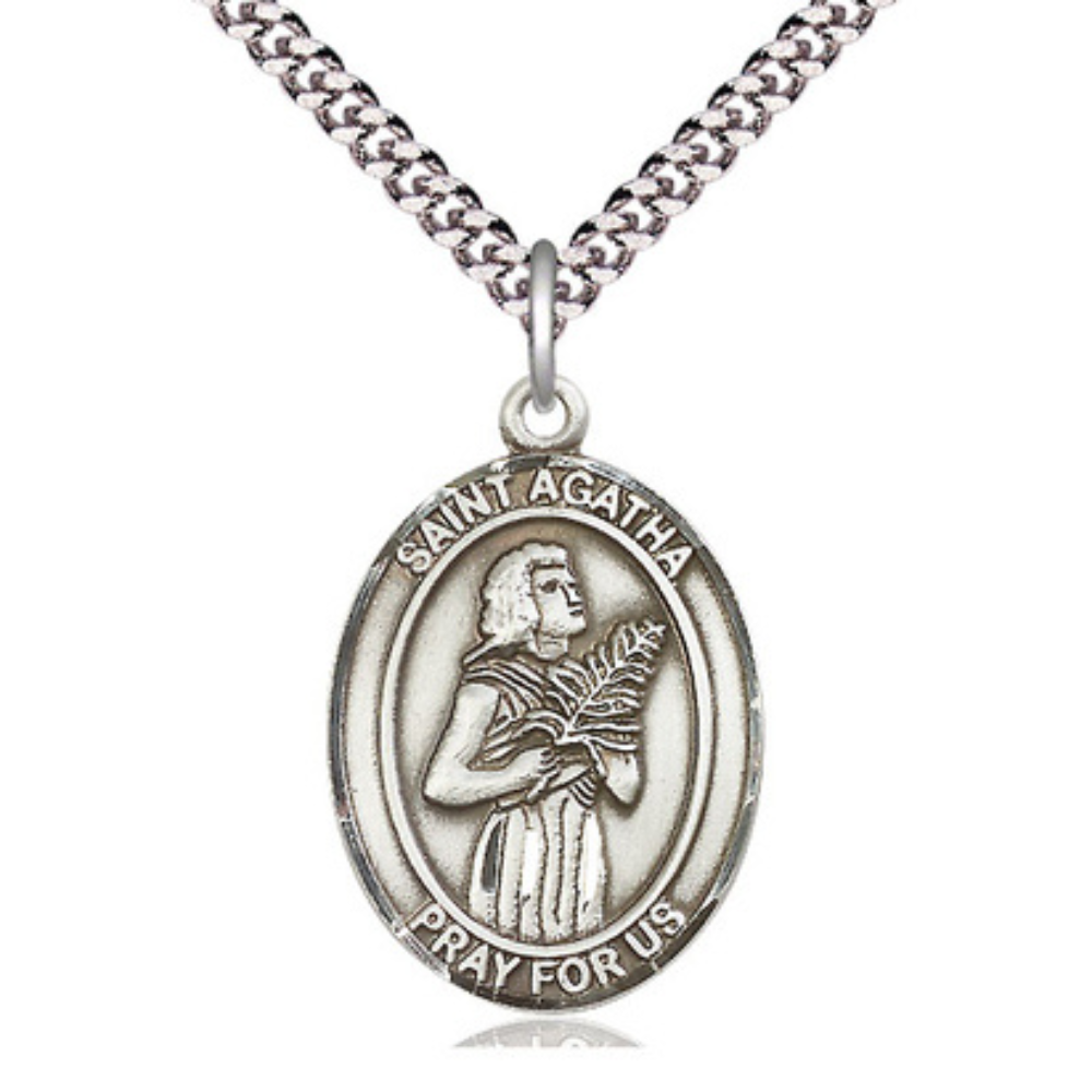 1 x 3/4" Oval Pewter Saint St. Agatha Medal Pendant on 24 inch Rhodium Plated Heavy Curb Brass Chain with Lobster Claw clasp, Catholic Religious Necklace - Made in USA- Deluxe Velvet Gift Box