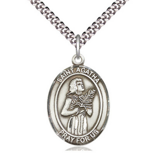 Saint St. Agatha Medal Necklace – Men's Pewter Pendant with 24- Inch Light Rhodium Plated Heavy Curb Chain – Patron Saint St. of Nurses & Breast Cancer, Catholic Medal – Velvet Gift Box Included