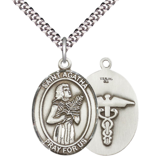 Everlasting Light Jewelry Men's .925 Sterling Silver Saint St. Agatha Nurse Pendant – Necklace1 x ¾ – 24 Inch Endless Rhodium Plated Chain – Patron Saint St. of Nurses & Breast Cancer, Catholic Medal – Velvet Gift Box Included