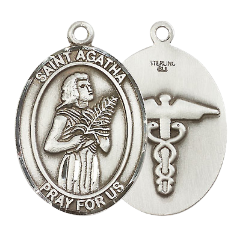Oval .925 Sterling Silver Saint Agatha Medal Pendant on 24" Rhodium Plated Heavy Curb Brass Chain with Lobster Claw clasp, Catholic Religious Necklace -Made in USA- Deluxe Velvet Gift Box