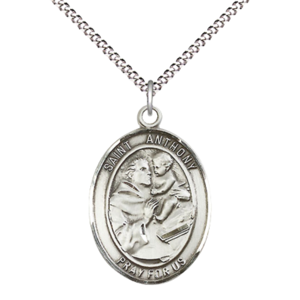 Women's .925 Sterling Silver Saint St. Anthony of Padua Medal Pendant on 18 Inch Rhodium Plated Lite Curb Brass Chain with Lobster Claw Clasp, Catholic Religious Necklace - Made in USA- Deluxe Velvet Gift Box