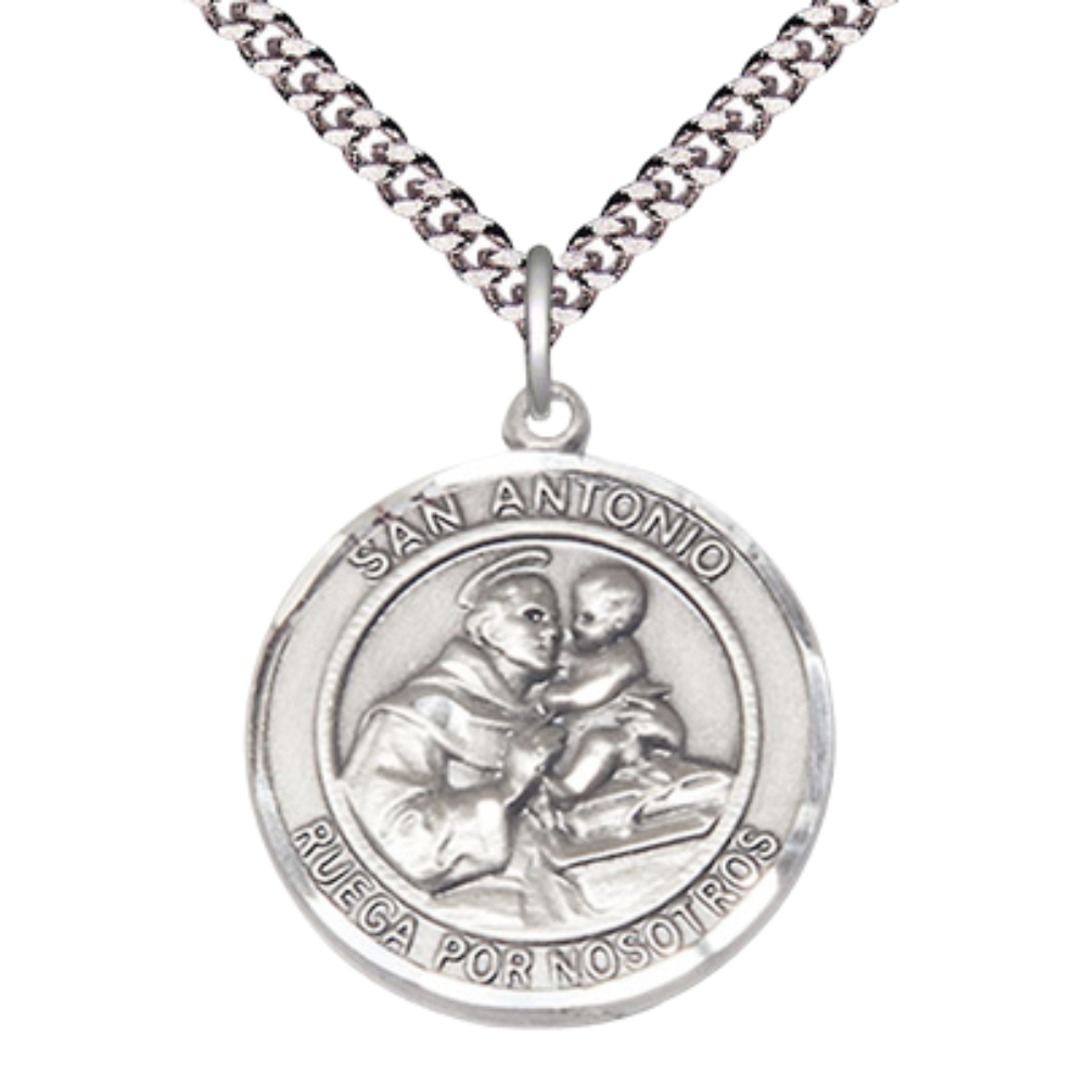 Spanish Script Mens 1 x 7/8 Inch Round Pewter Saint St. Antonio Medal Pendant on 24 Inch Rhodium Plated Heavy Curb Brass Chain with Lobster Claw clasp, Catholic Religious Necklace - Made in USA- Deluxe Velvet Gift Box