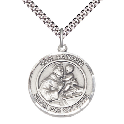 Spanish Script Mens 1 x 7/8 Inch Round Pewter Saint St. Antonio Medal Pendant on 24 Inch Rhodium Plated Heavy Curb Brass Chain with Lobster Claw clasp, Catholic Religious Necklace - Made in USA- Deluxe Velvet Gift Box