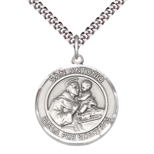 Spanish Script Mens 1 x 7/8 Inch Round Pewter Saint St. Antonio Medal Pendant on 24 Inch Rhodium Plated Heavy Curb Brass Chain with Lobster Claw clasp, Catholic Religious Necklace - Made in USA- Deluxe Velvet Gift Box