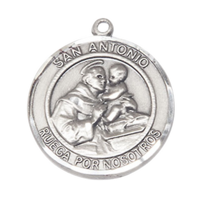 Mens Round .925 Sterling Silver Saint St. Antonio Medal Pendant on 24 Inch Rhodium Plated Heavy Curb Brass Chain with Lobster Claw clasp, Catholic Religious Necklace - Made in USA- Velvet Gift Box