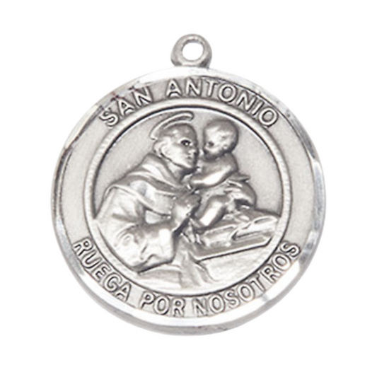 Mens Round .925 Sterling Silver Saint St. Antonio Medal Pendant on 24 Inch Rhodium Plated Heavy Curb Brass Chain with Lobster Claw clasp, Catholic Religious Necklace - Made in USA- Velvet Gift Box