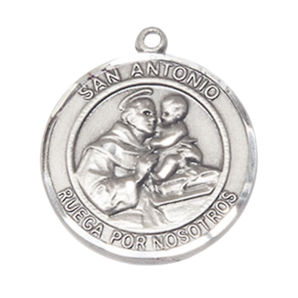 Spanish Script Mens 1 x 7/8 Inch Round Pewter Saint St. Antonio Medal Pendant on 24 Inch Rhodium Plated Heavy Curb Brass Chain with Lobster Claw clasp, Catholic Religious Necklace - Made in USA- Deluxe Velvet Gift Box