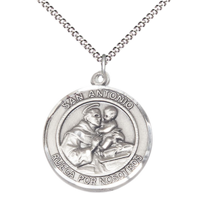 Spanish Script Women's Pewter Saint St. Antonio Medal Pendant on 18 Inch Rhodium Plated Lite Curb Brass Chain, Catholic Religious Necklace with Lobster Claw Clasp - Made in USA, Deluxe Velvet Gift Box