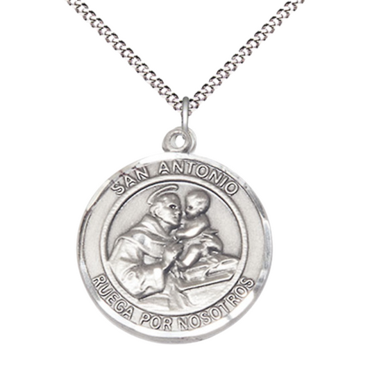 Spanish Script Women's Pewter Saint St. Antonio Medal Pendant on 18 Inch Rhodium Plated Lite Curb Brass Chain, Catholic Religious Necklace with Lobster Claw Clasp - Made in USA, Deluxe Velvet Gift Box