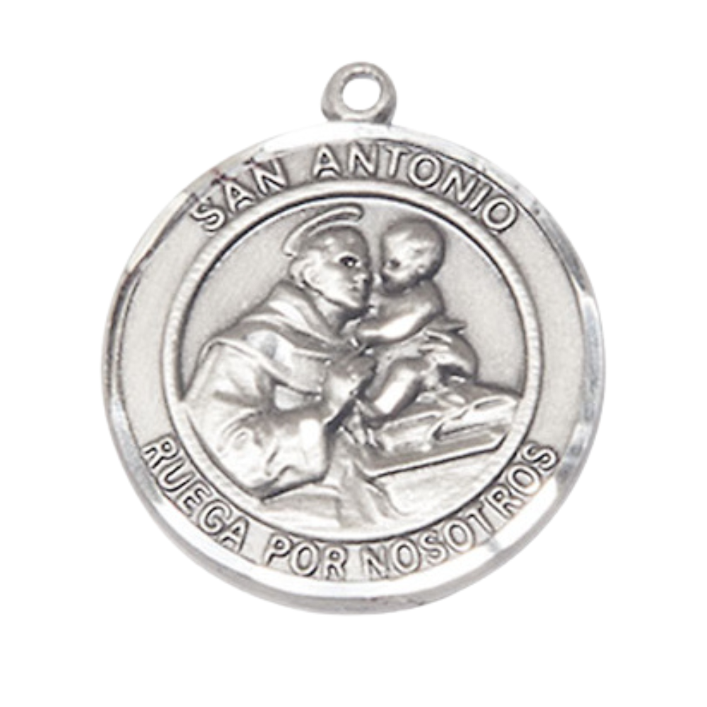 Spanish Script Women's Pewter Saint St. Antonio Medal Pendant on 18 Inch Rhodium Plated Lite Curb Brass Chain, Catholic Religious Necklace with Lobster Claw Clasp - Made in USA, Deluxe Velvet Gift Box