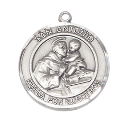 Spanish Script Women's Pewter Saint St. Antonio Medal Pendant on 18 Inch Rhodium Plated Lite Curb Brass Chain, Catholic Religious Necklace with Lobster Claw Clasp - Made in USA, Deluxe Velvet Gift Box
