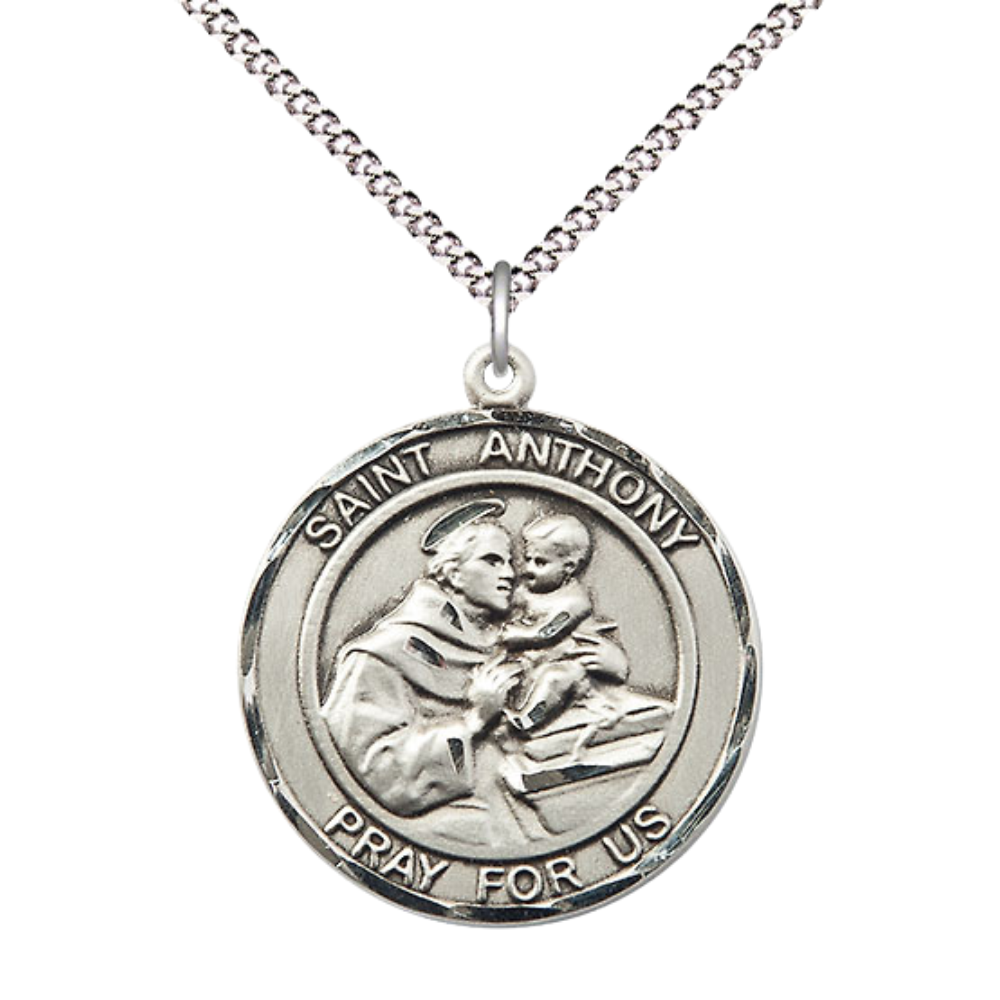 Women's Pewter Saint St. Anthony of Padua Medal Pendant on 18 Inch Rhodium Plated Lite Curb Brass Chain with Lobster Claw Clasp, Catholic Religious Necklace - Made in USA- Deluxe Velvet Gift Box