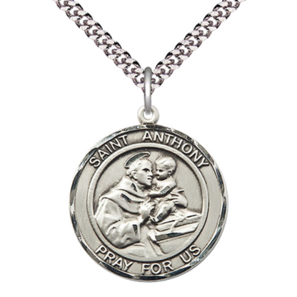 Mens Round Pewter Saint St. Anthony of Padua Medal Pendant on 24 Inch Rhodium Plated Heavy Curb Brass Chain with Lobster Claw clasp, Catholic Religious Necklace - Made in USA- Deluxe Velvet Gift Box