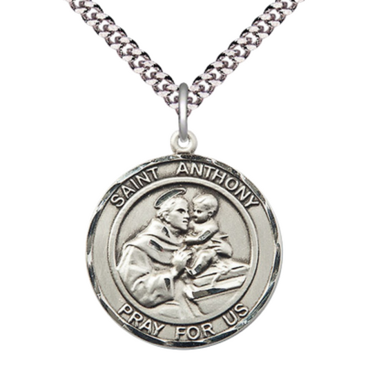 Mens Round Pewter Saint St. Anthony of Padua Medal Pendant on 24 Inch Rhodium Plated Heavy Curb Brass Chain with Lobster Claw clasp, Catholic Religious Necklace - Made in USA- Deluxe Velvet Gift Box