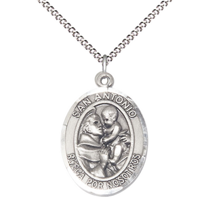 Women's Pewter Saint St. Antonio Medal Pendant on 18 Inch Rhodium Plated Lite Curb Brass Chain, Catholic Religious Necklace with Lobster Claw Clasp - Made in USA, Deluxe Velvet Gift Box.