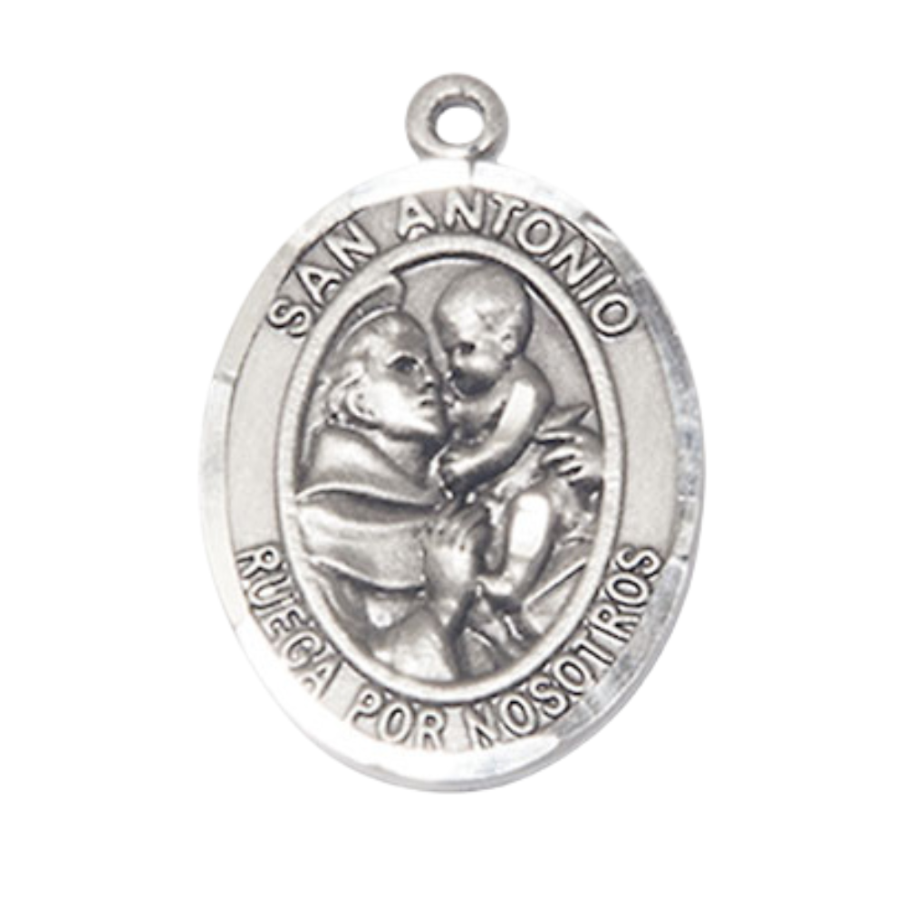 Women's Pewter Saint St. Antonio Medal Pendant on 18 Inch Rhodium Plated Lite Curb Brass Chain, Catholic Religious Necklace with Lobster Claw Clasp - Made in USA, Deluxe Velvet Gift Box.