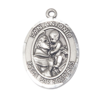 Spanish Script Women's .925 Sterling Silver Saint St. Antonio Medal Pendant on 18 Inch Rhodium Plated Lite Curb Brass Chain, Catholic Religious Necklace with Lobster Claw Clasp - Made in USA, Deluxe Velvet Gift Box