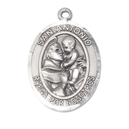 Mens Oval .925 Sterling Silver Saint St. Antonio Medal Pendant on 24 Inch Rhodium Plated Heavy Curb Brass Chain with Lobster Claw clasp, Catholic Religious Necklace - Made in USA- Velvet Gift Box